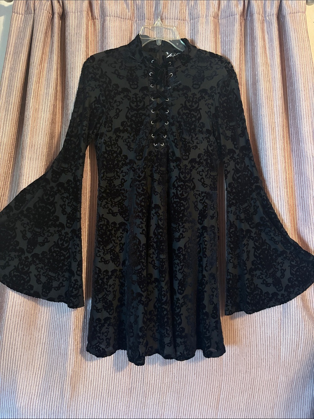 Killstar Lost Kingdom Velvet Dress in Black with Bell Sleeves